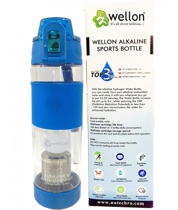WELLON Gold Alkaline Sports Water Bottle For Healthy Drinking Water (Blue)