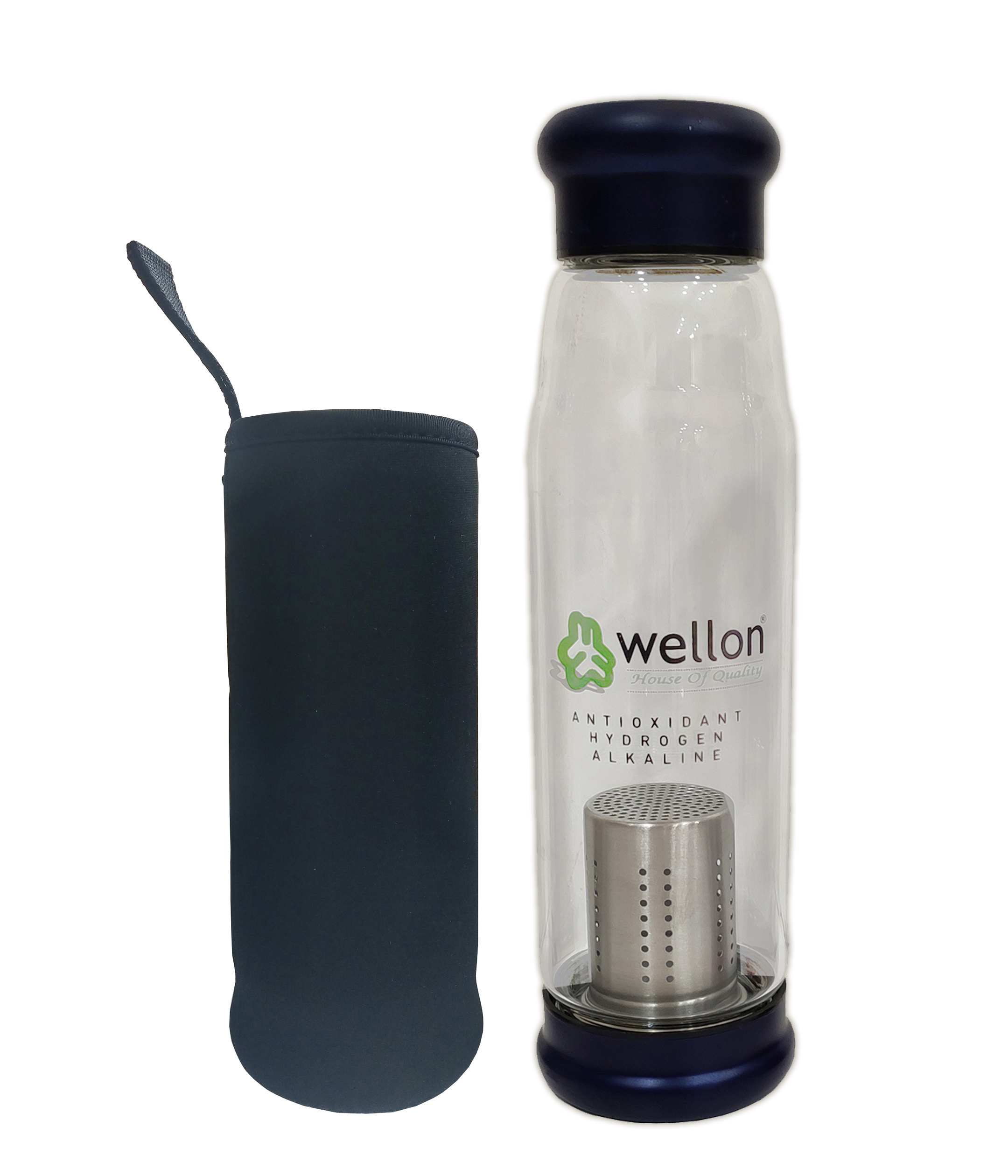 WELLON ANTIOXIDANT ALKALINE GLASS WATER BOTTLE BPA FREE & HYGIENIC and Portable Carry Case – 650ml (Blue)