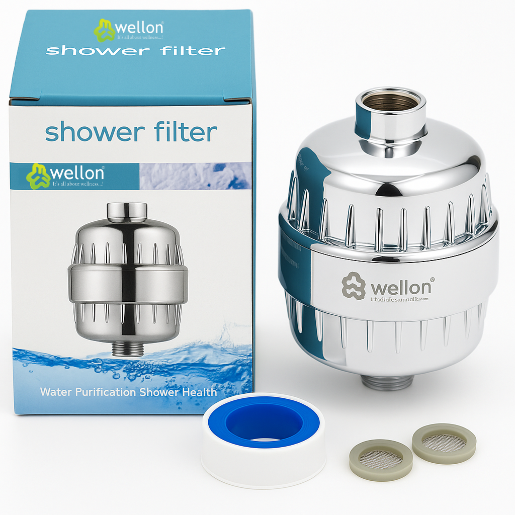Wellon Shower Filter for Hard Water – NSF‑Certified Anti‑Scale Media, High Flow, Cartridge‑Free, Skin & Hair Friendly – Chrome Finish